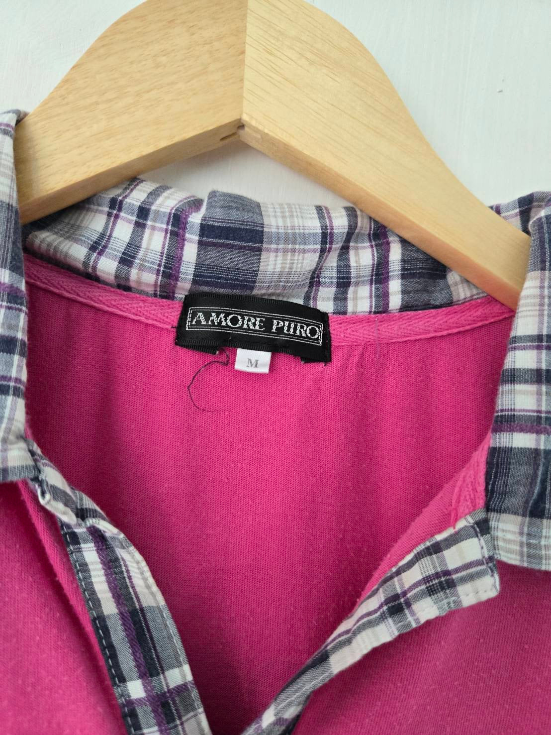Pink Short-Sleeve Polo Shirt — Plaid Collar — Amore Puro