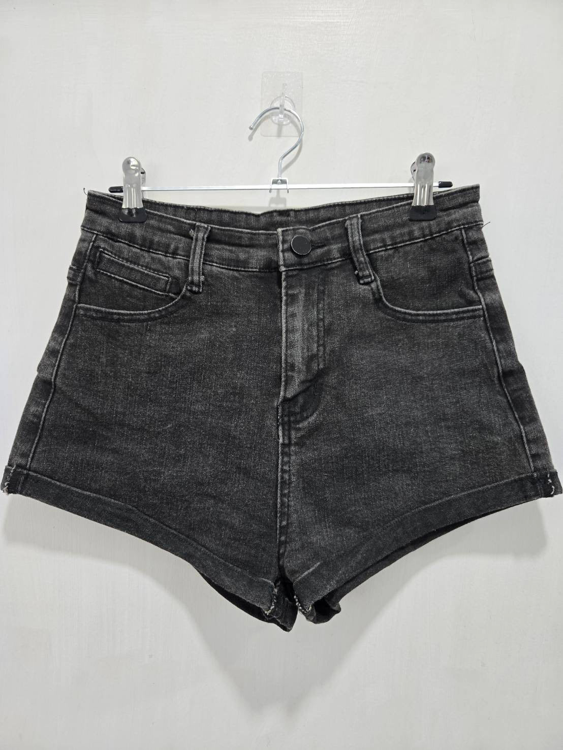 No Brand Anthracite Grey High-Waist Cuffed Denim Shorts Size M