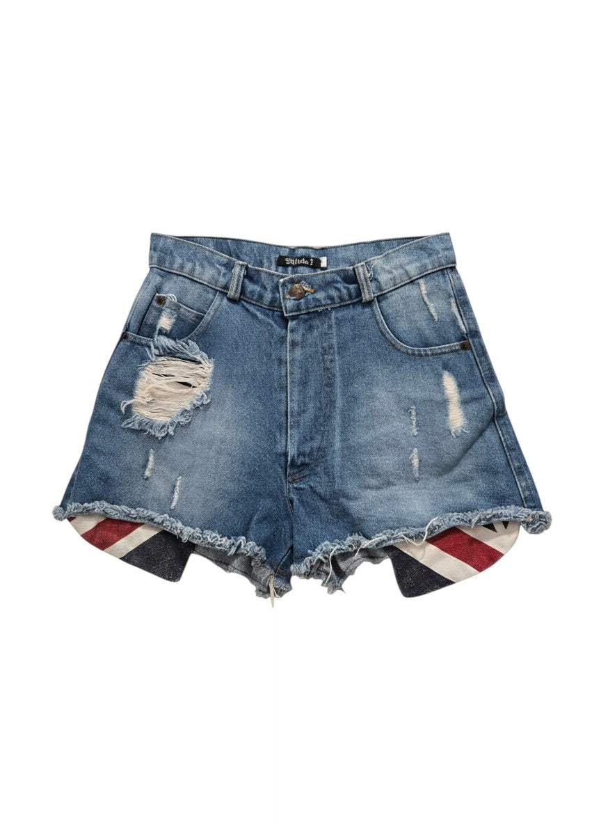 Blue Distressed Denim Shorts — Frayed Hem Striped Pocket Liners — Stilista