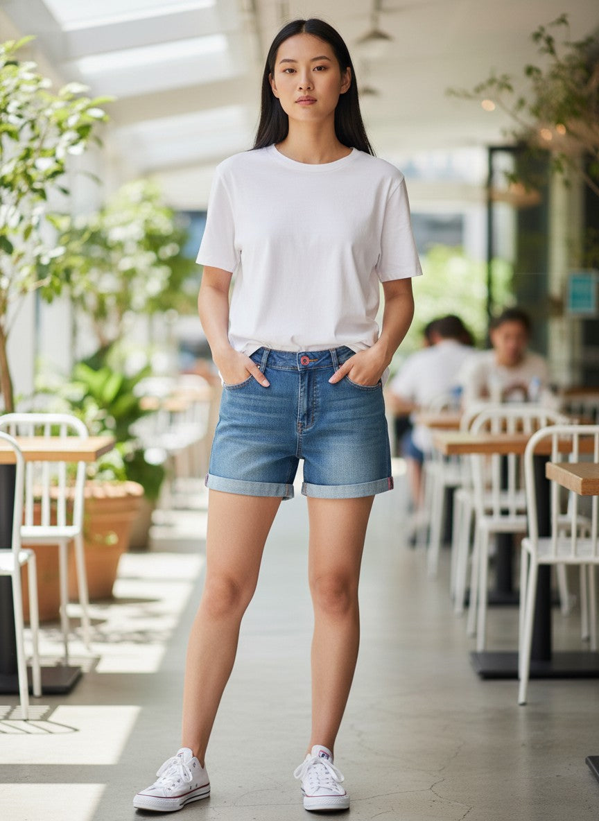 Yishion Casual Light Wash Rolled-Cuff Denim Shorts Size 26