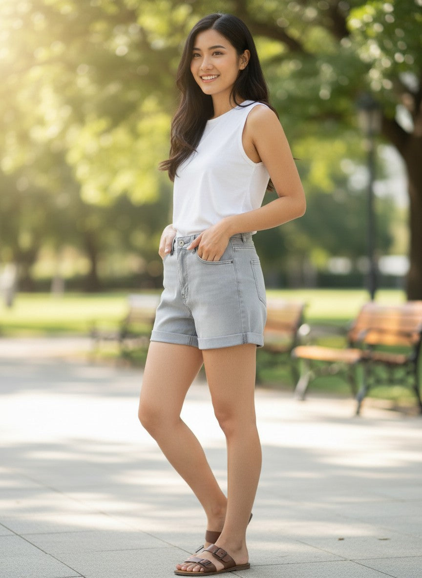 Vivid Grey Rolled-Cuff Denim Shorts Size 36