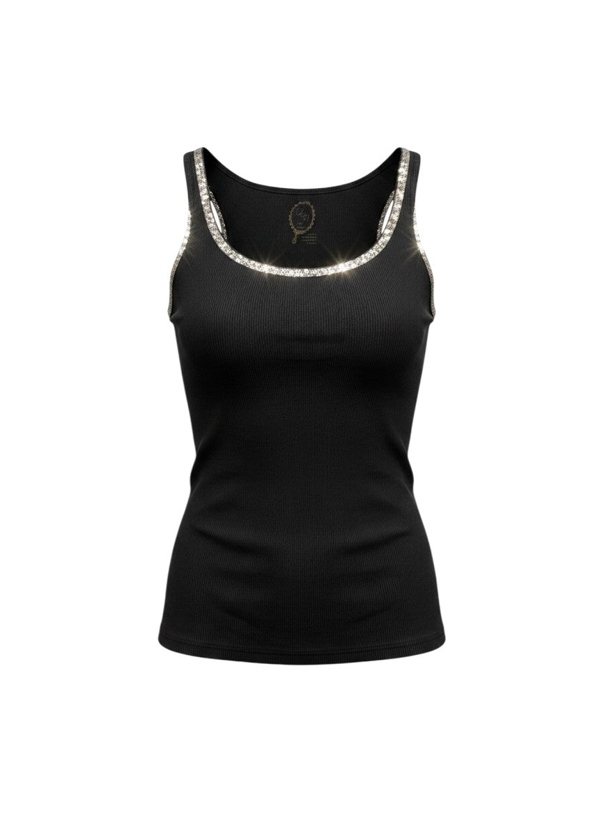 No Brand Black Metallic Beaded Trim Lace Hem Tank Top M