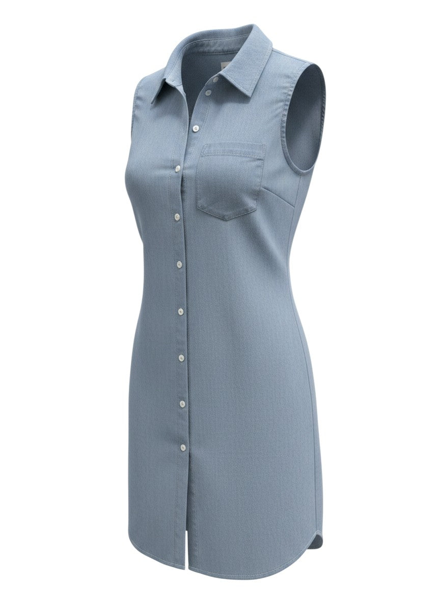 Light Blue Sleeveless Denim Shirt Dress — Button-Down Relaxed — Crosby & Broome