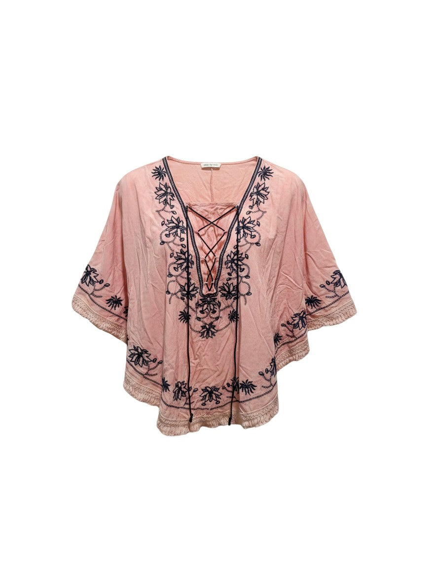 Fish Pink Embroidered Lace-Up Poncho Top Free Size