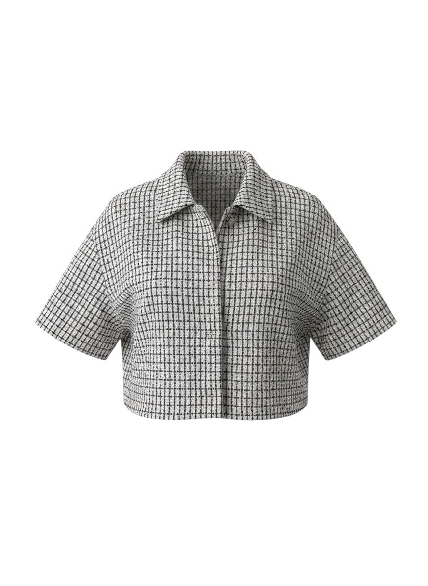 Black White Plaid Collared Crop Top — Short-Sleeve Chic — No Label