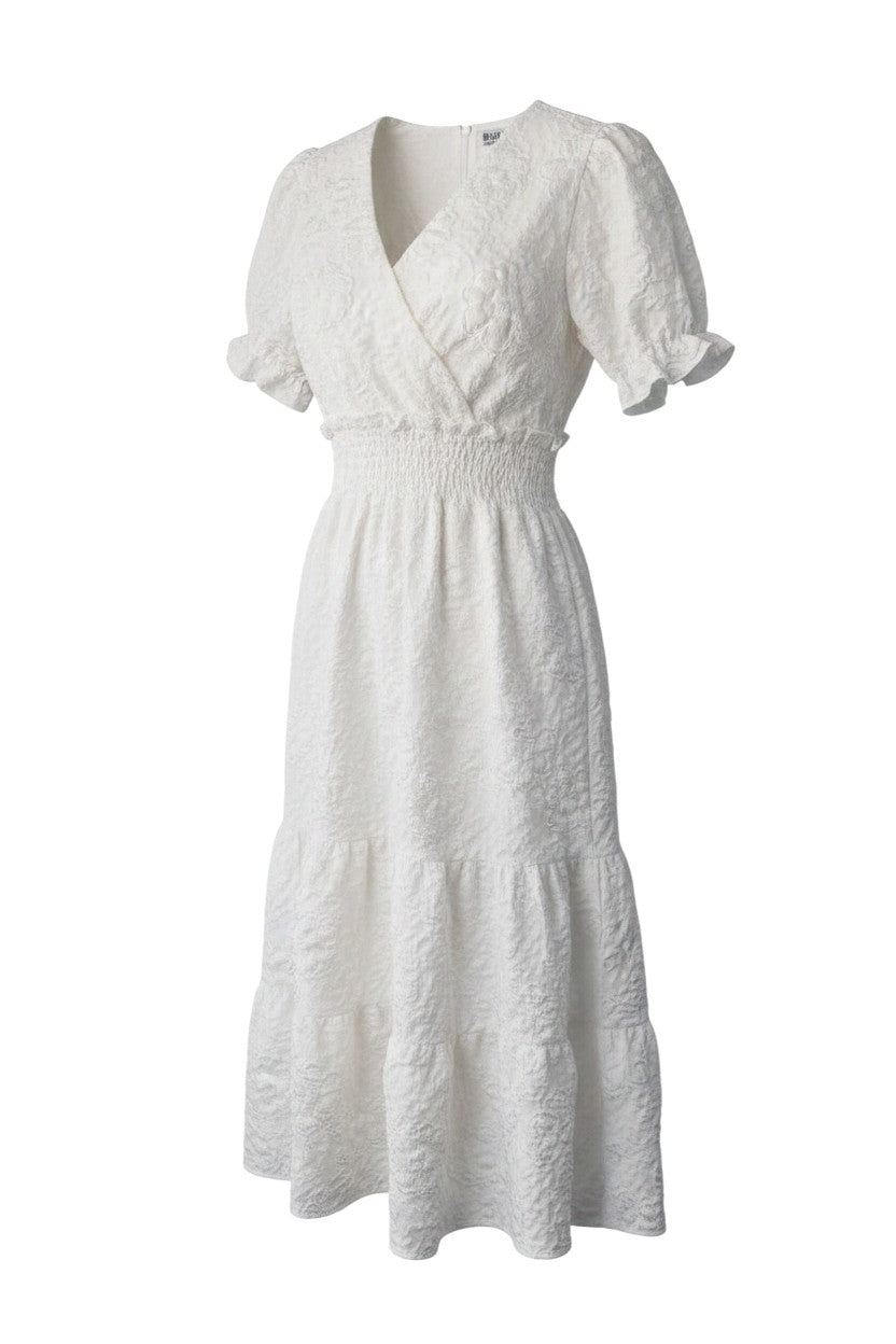 White Textured Midi Dress — V-Neck Puff Sleeves — JU JU