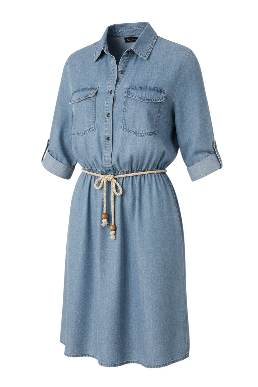 Light Wash Denim Shirt Dress — Drawstring Waist — Nano Universe