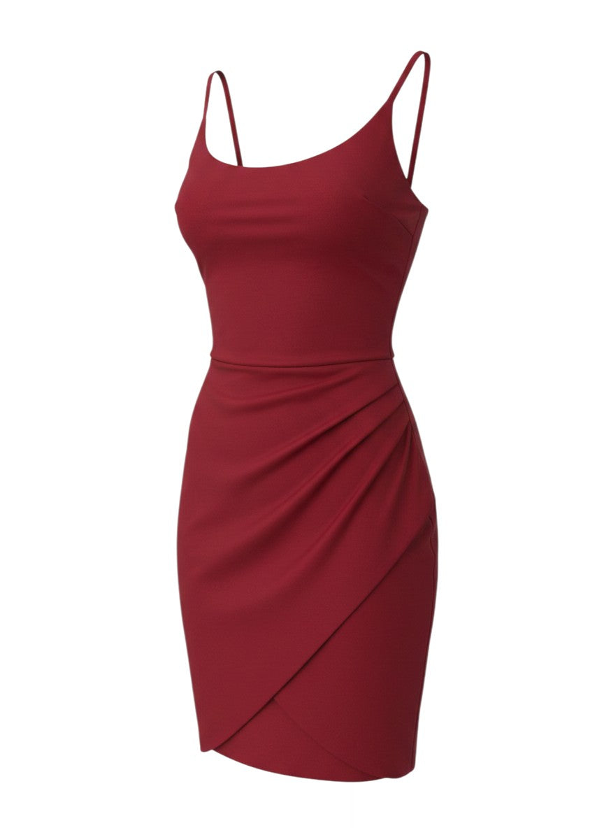 Red Asymmetric Wrap-Hem Cocktail Mini Dress — Bodycon Scoop Neck — No Label