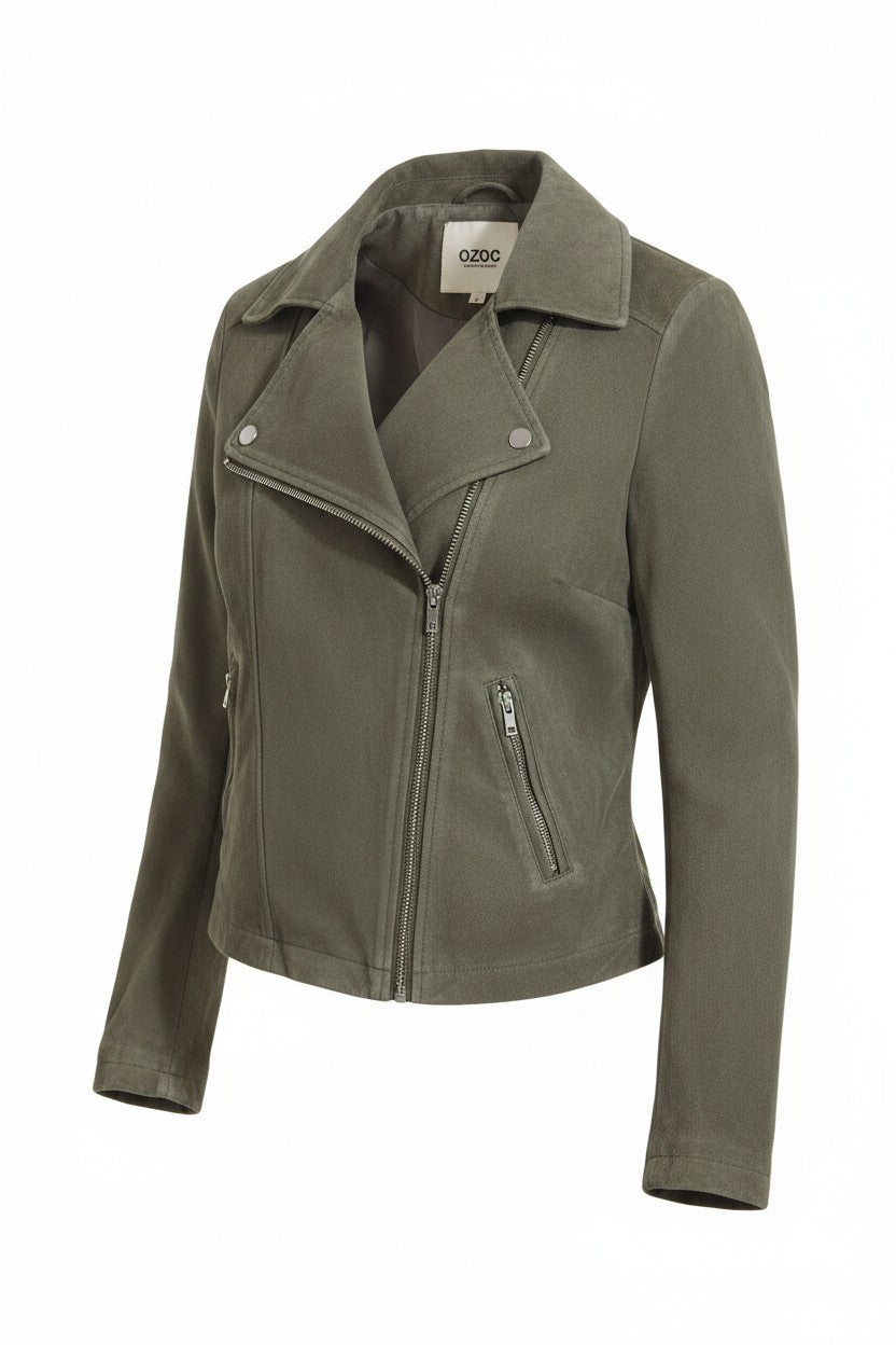 Faux Suede Biker Jacket — Khaki/Olive — OZOC