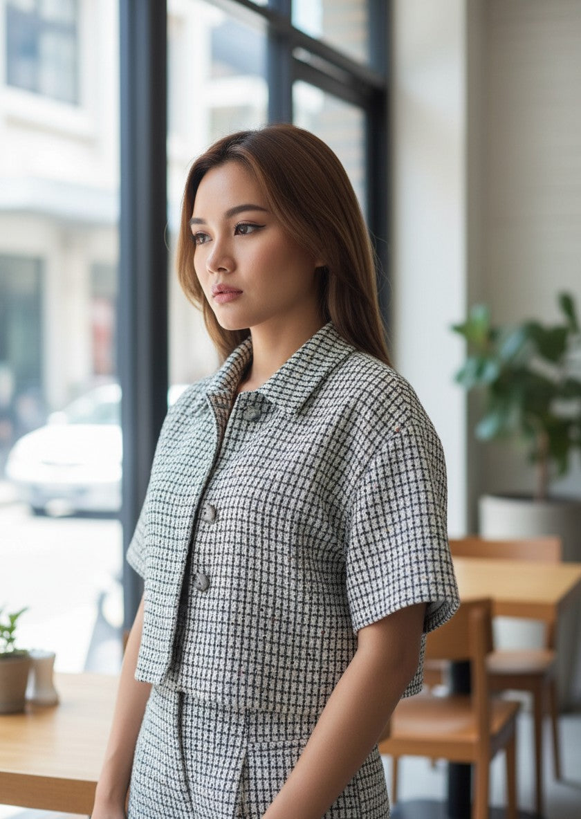 Black White Plaid Collared Crop Top — Short-Sleeve Chic — No Label