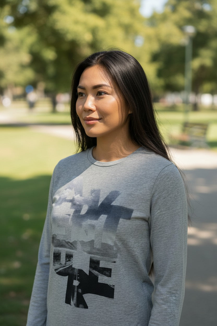 Grey Long-Sleeve Graphic Top — Scenic Print — Esprit Concord