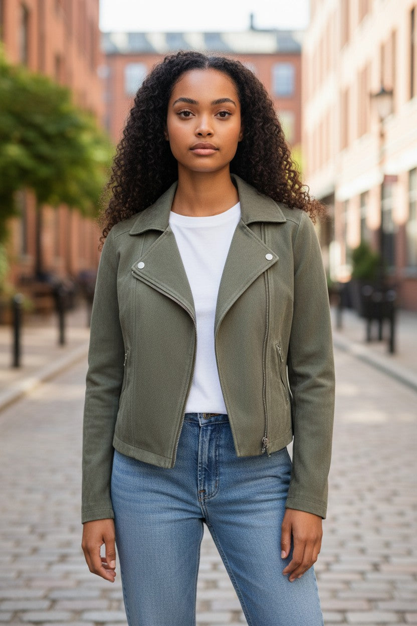 Faux Suede Biker Jacket — Khaki/Olive — OZOC