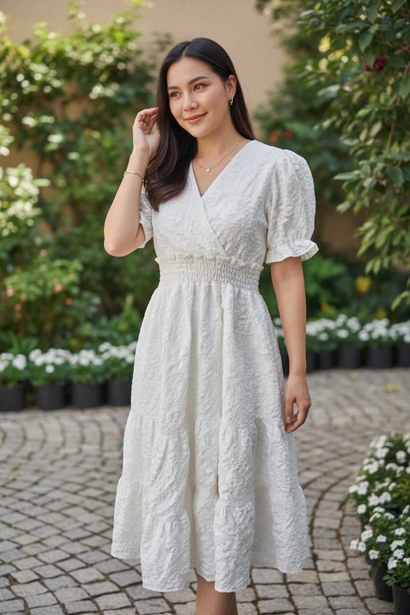 White Textured Midi Dress — V-Neck Puff Sleeves — JU JU