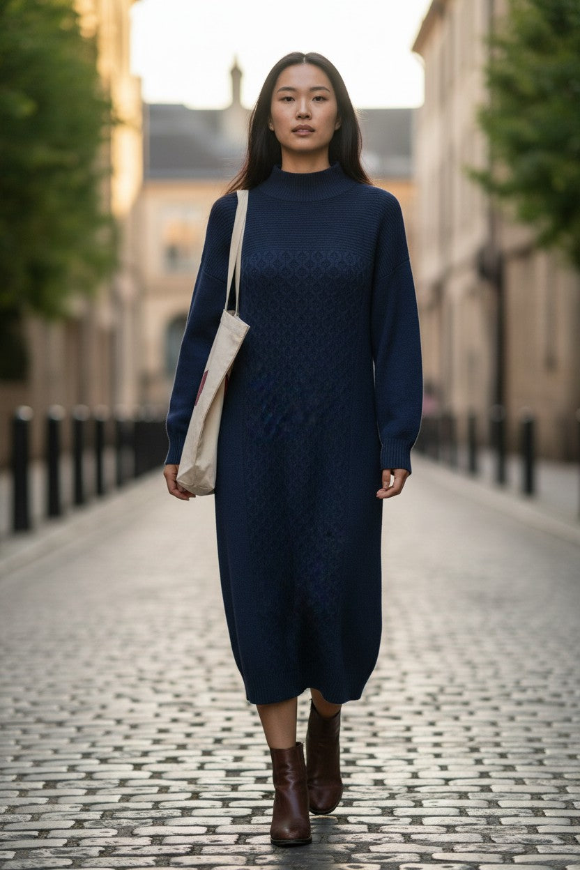 Cable-Knit Long Sweater Dress — Navy — Barnyardstorm