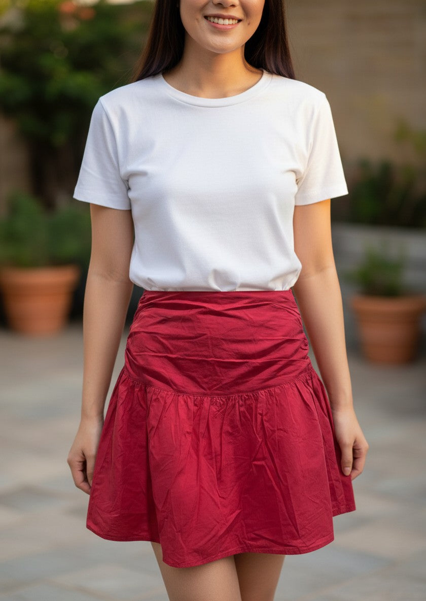 Pomelo Red Dropped-Waist Bubble-Hem Mini Skirt M