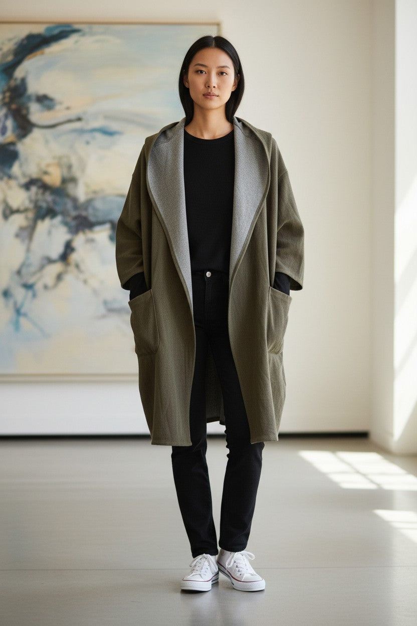 Oversized Reversible Draped Coat — Khaki × Grey — Antwerp Coat