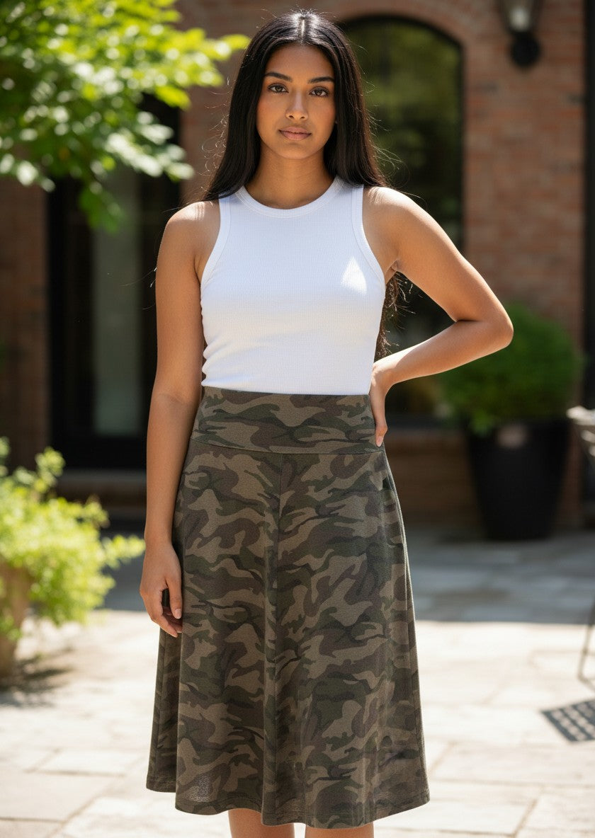 Lazy Camouflage Midi Flare Skirt L