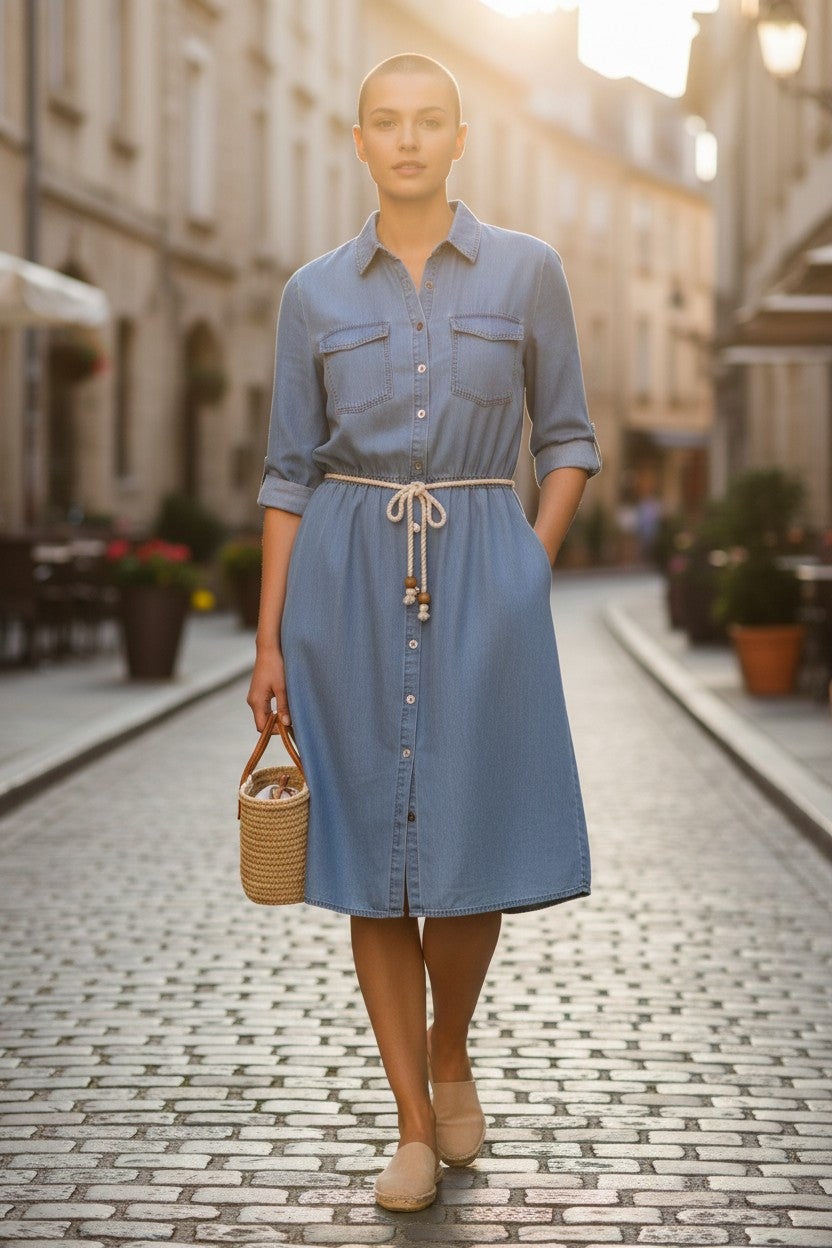Light Wash Denim Shirt Dress — Drawstring Waist — Nano Universe