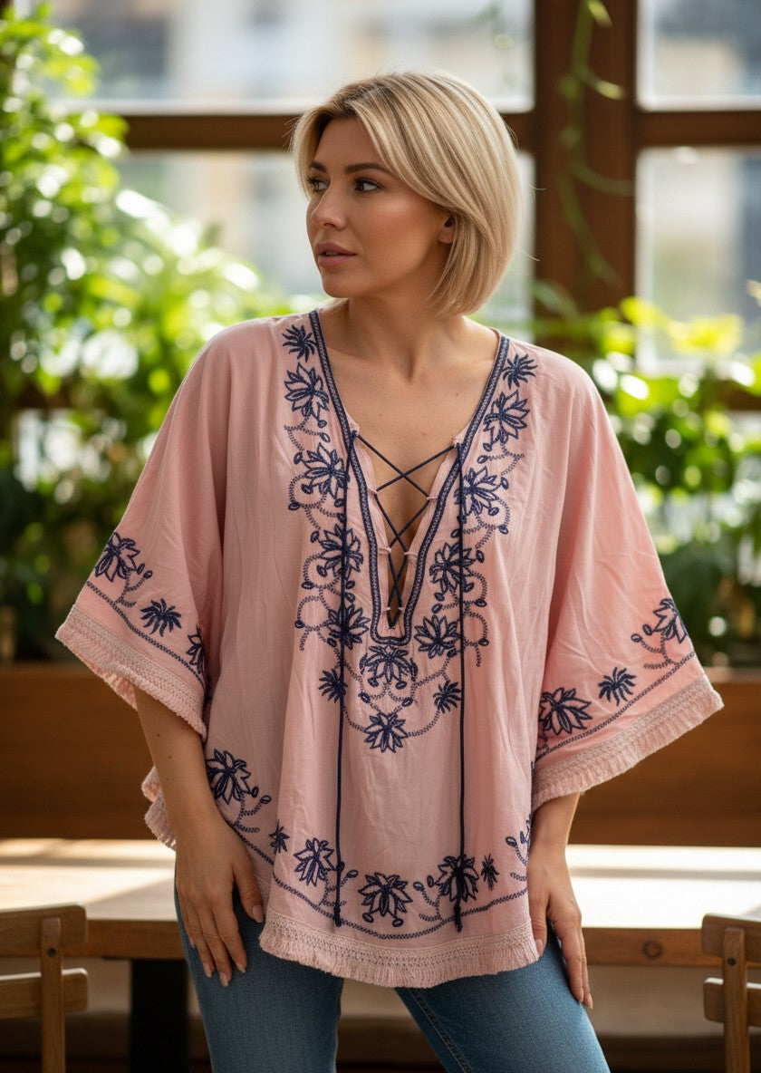 Fish Pink Embroidered Lace-Up Poncho Top Free Size