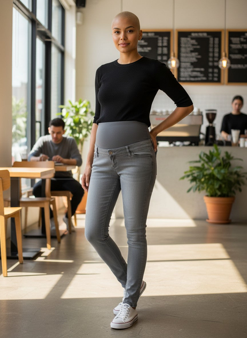 Light Gray Skinny Maternity Jeans — High-Rib Stretch Panel — DENIM