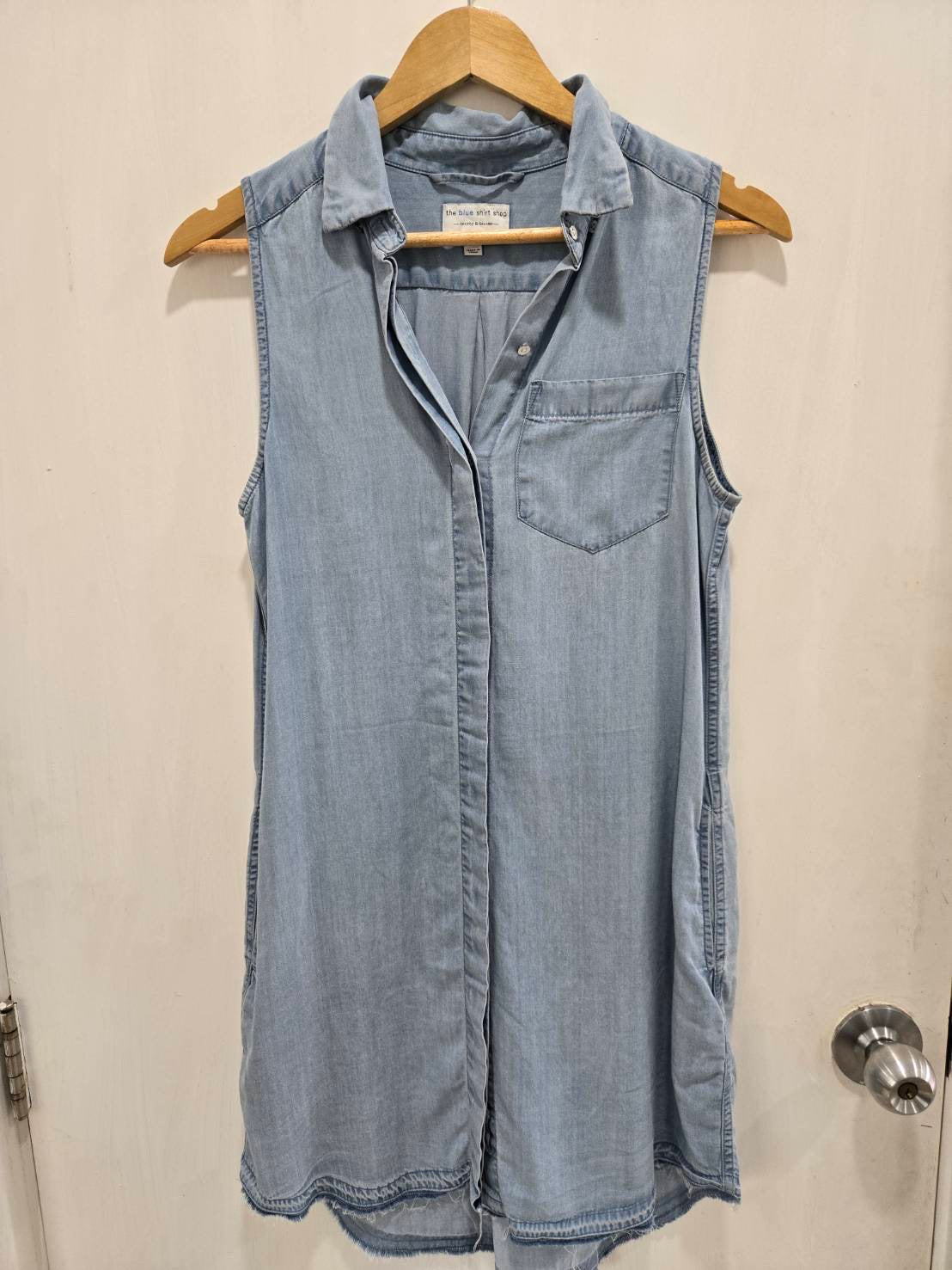 Light Blue Sleeveless Denim Shirt Dress — Button-Down Relaxed — Crosby & Broome