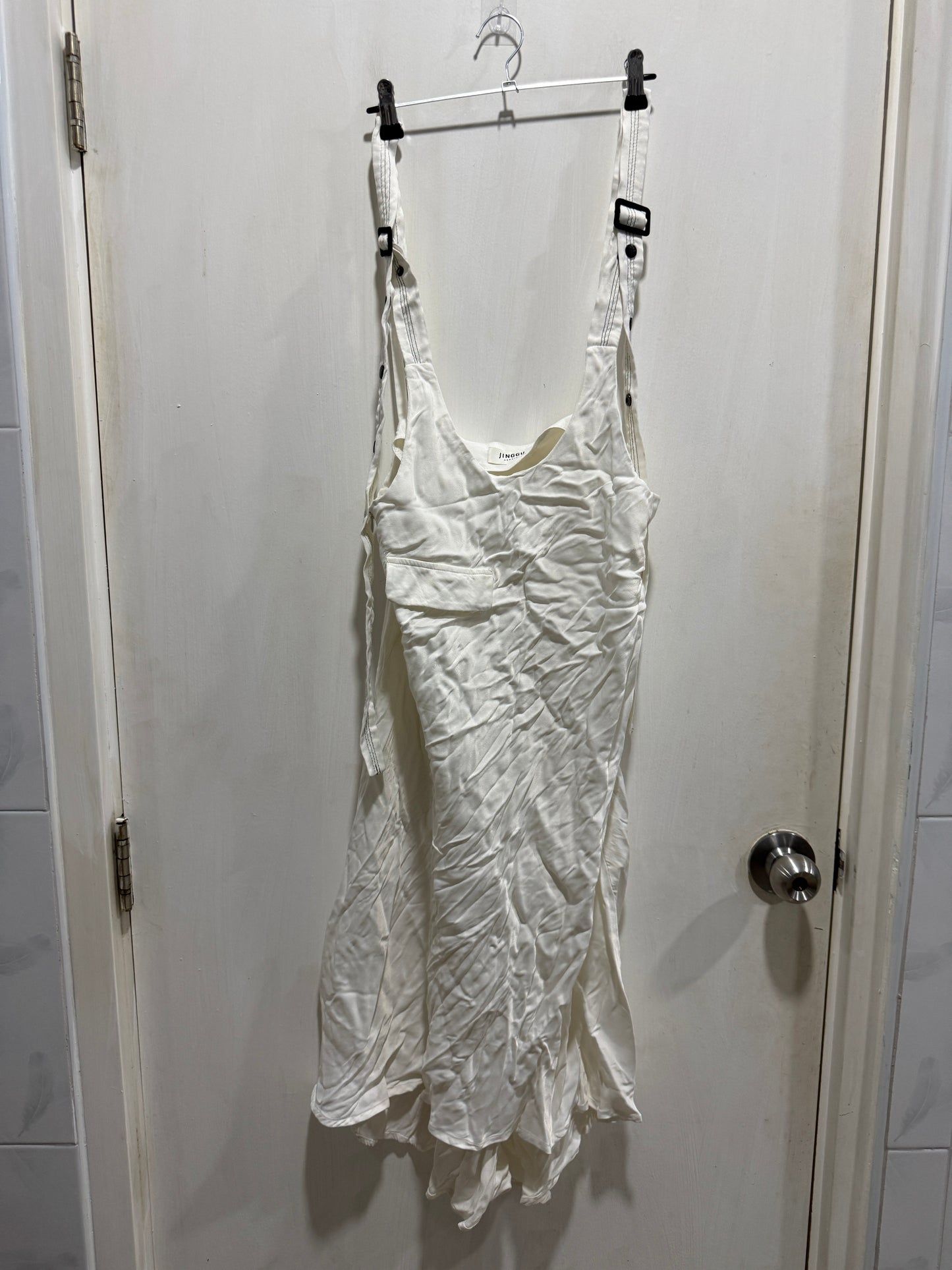 Jinggu Apparel White Crinkled Apron Slip Dress L