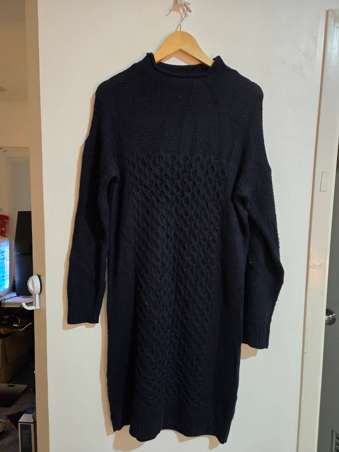 Cable-Knit Long Sweater Dress — Navy — Barnyardstorm