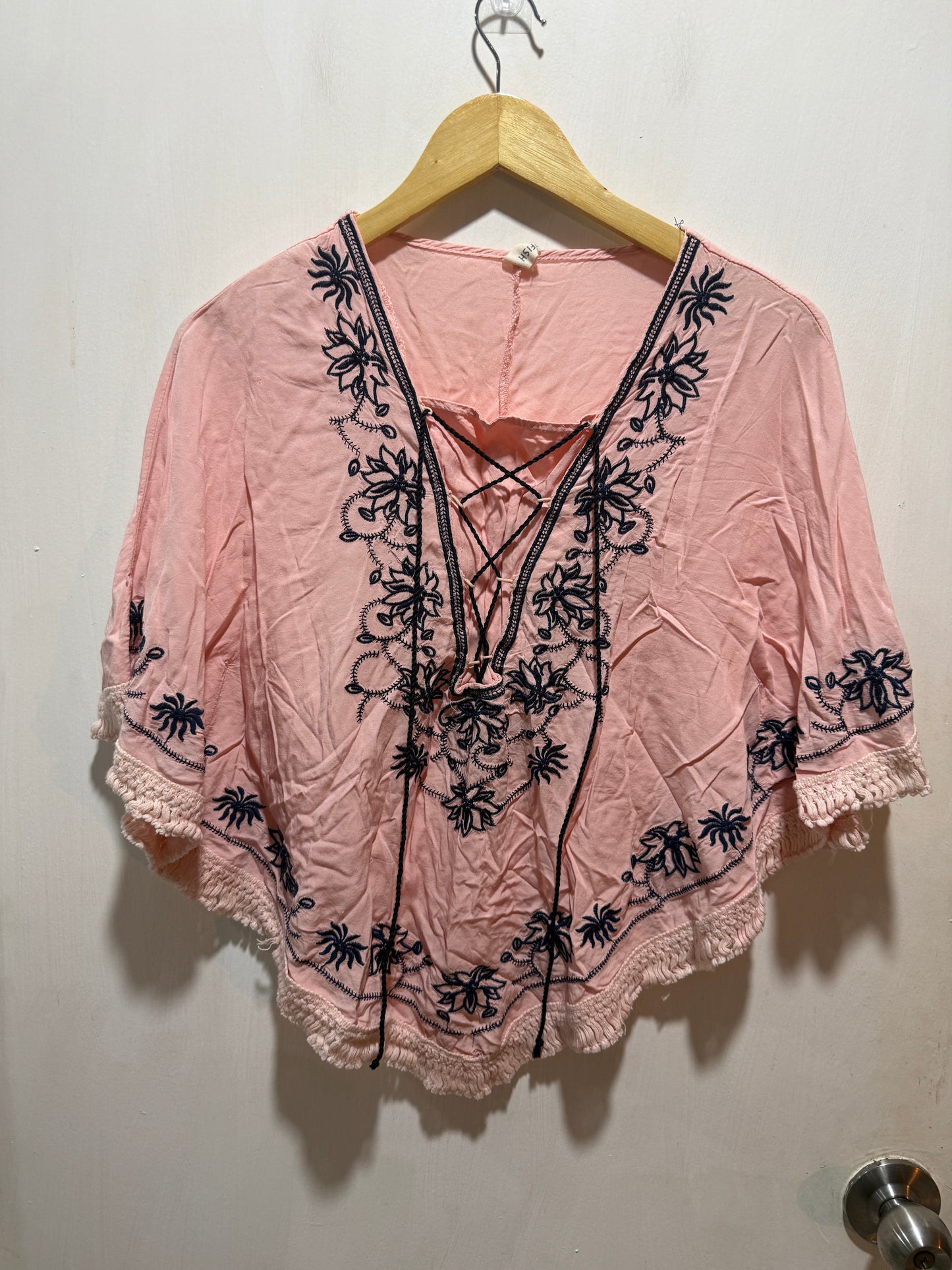 Fish Pink Embroidered Lace-Up Poncho Top Free Size