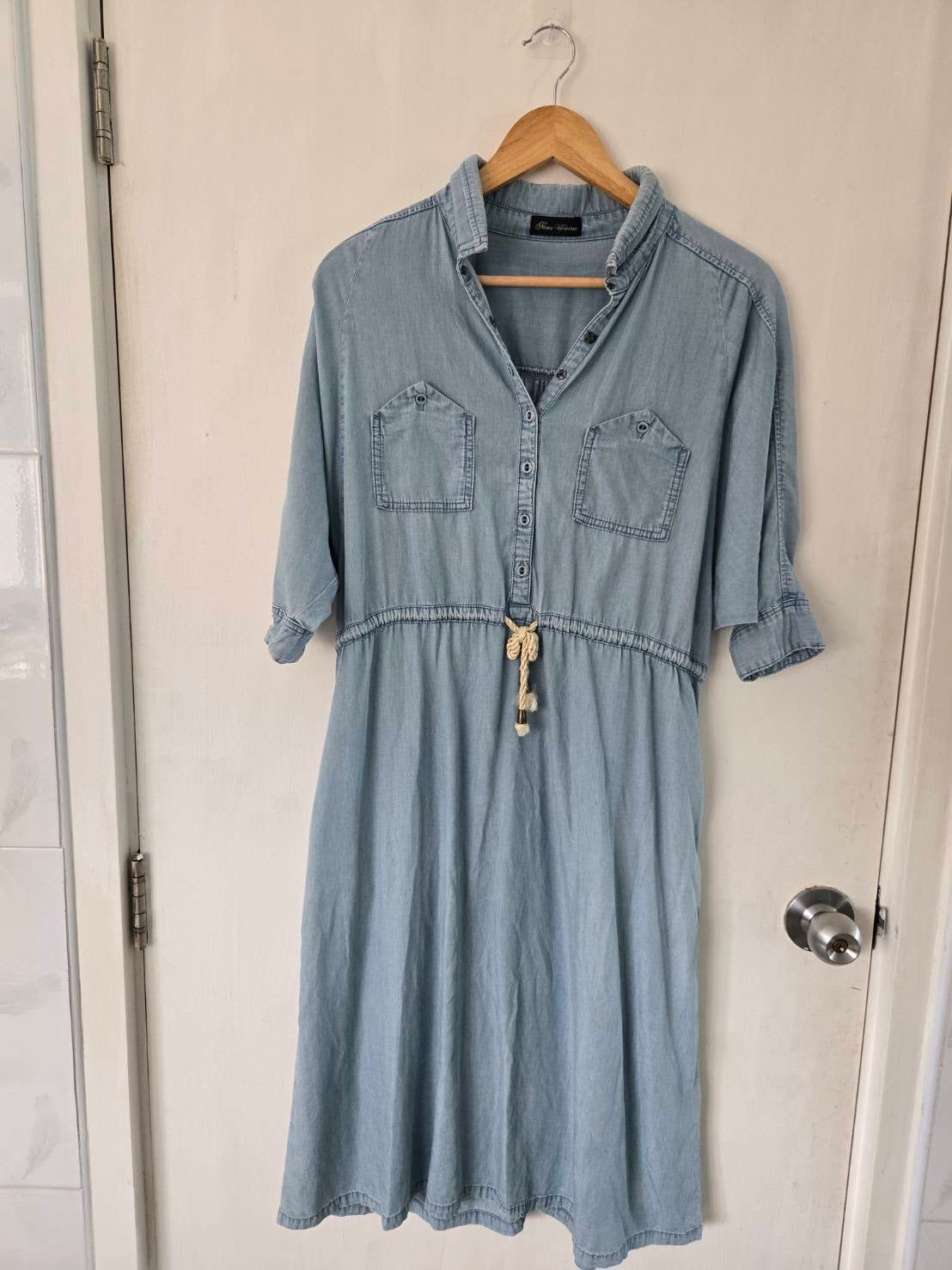 Light Wash Denim Shirt Dress — Drawstring Waist — Nano Universe