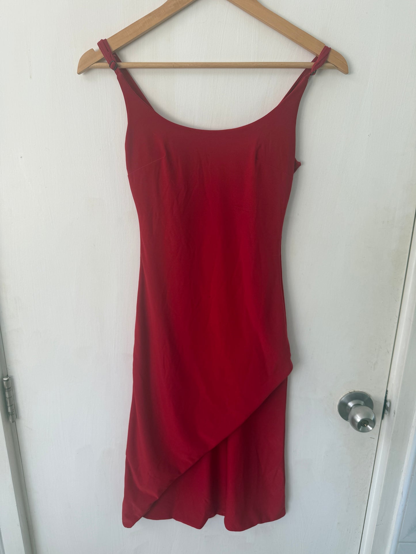 Red Asymmetric Wrap-Hem Cocktail Mini Dress — Bodycon Scoop Neck — No Label
