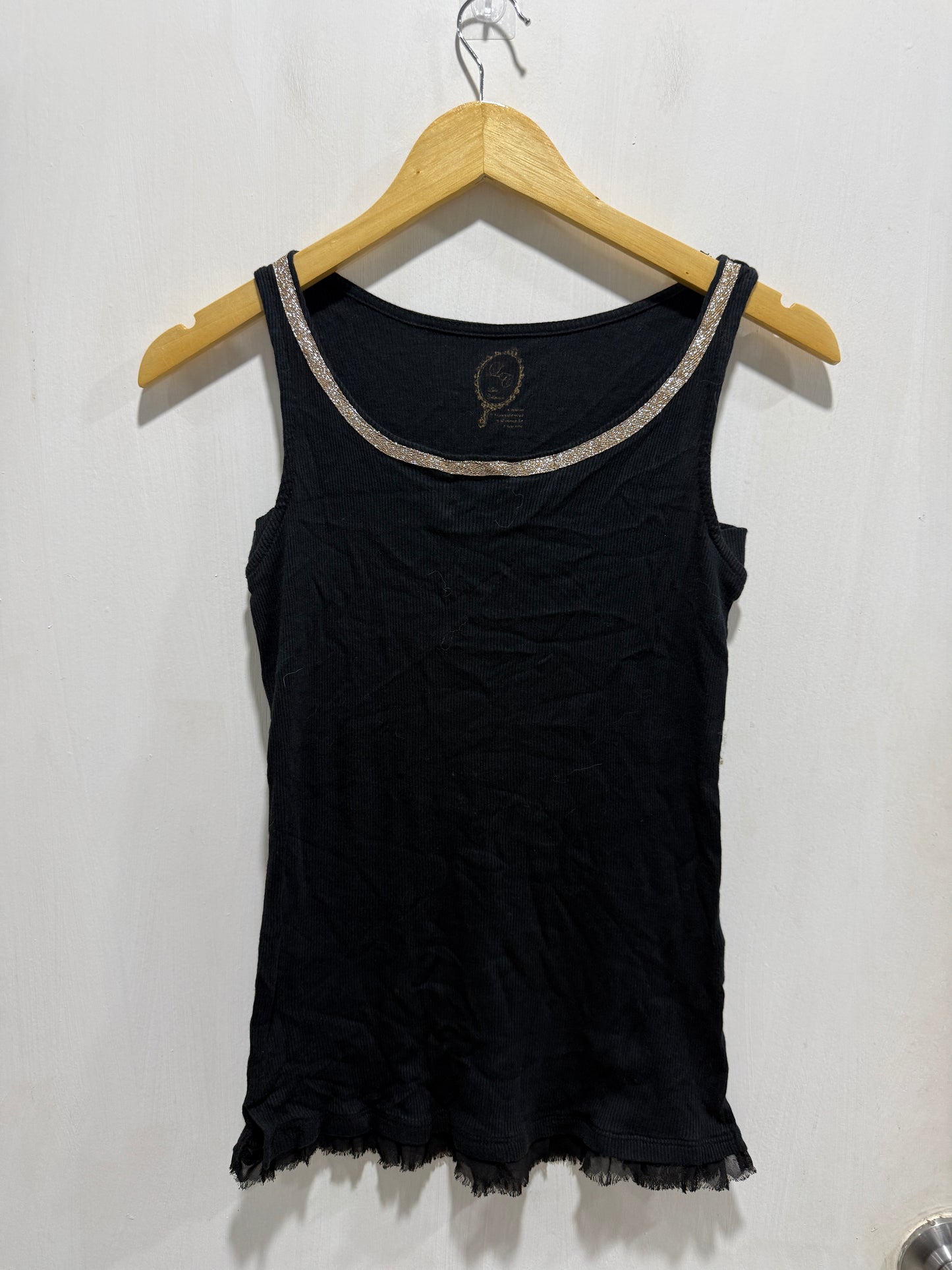 No Brand Black Metallic Beaded Trim Lace Hem Tank Top M