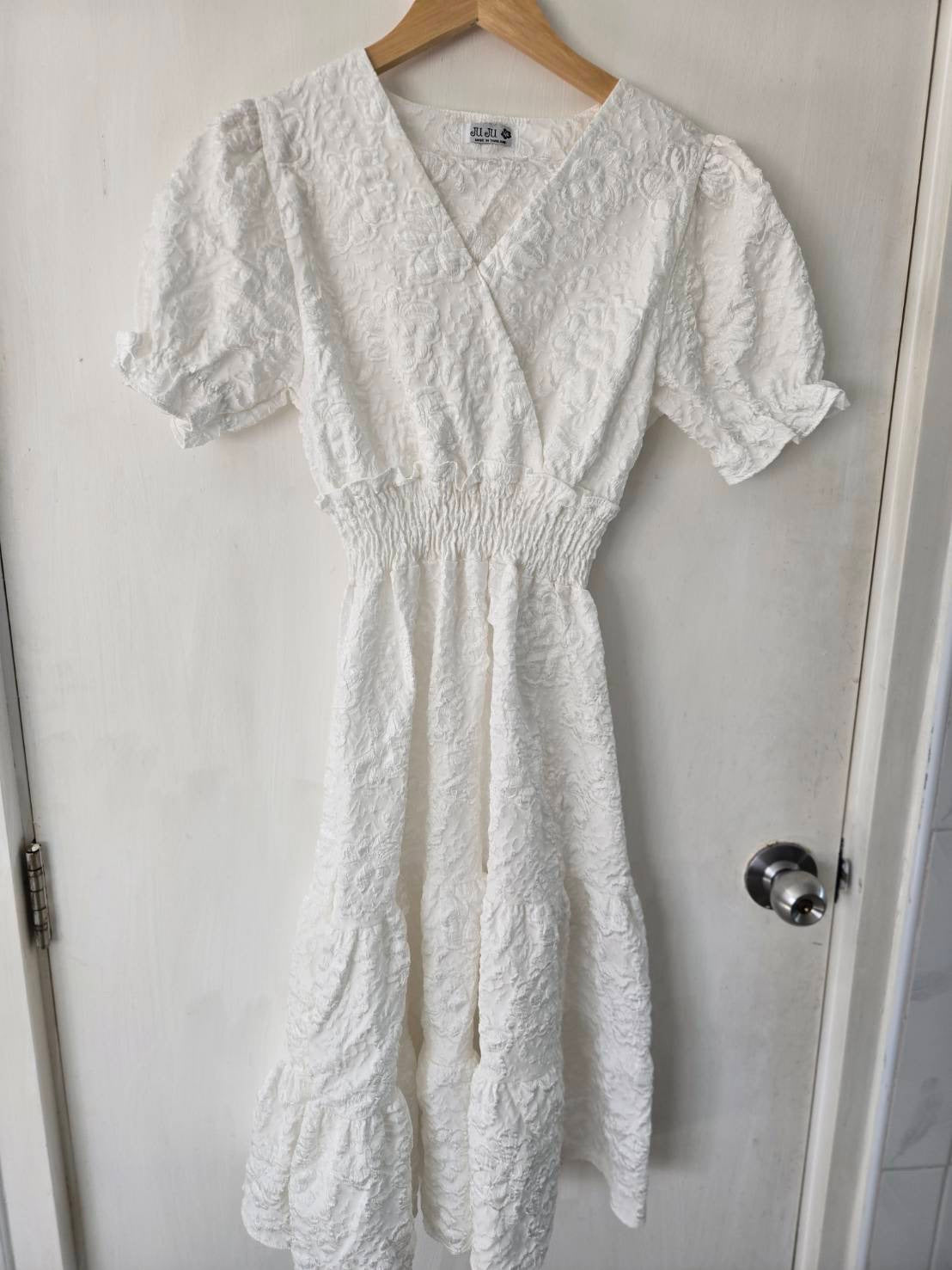 White Textured Midi Dress — V-Neck Puff Sleeves — JU JU