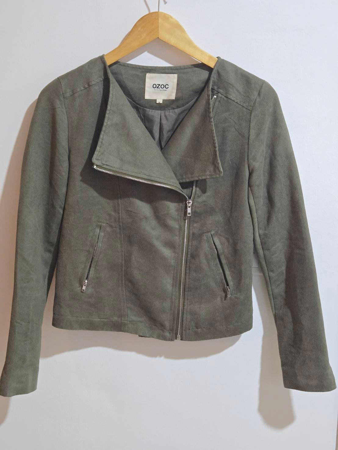 Faux Suede Biker Jacket — Khaki/Olive — OZOC