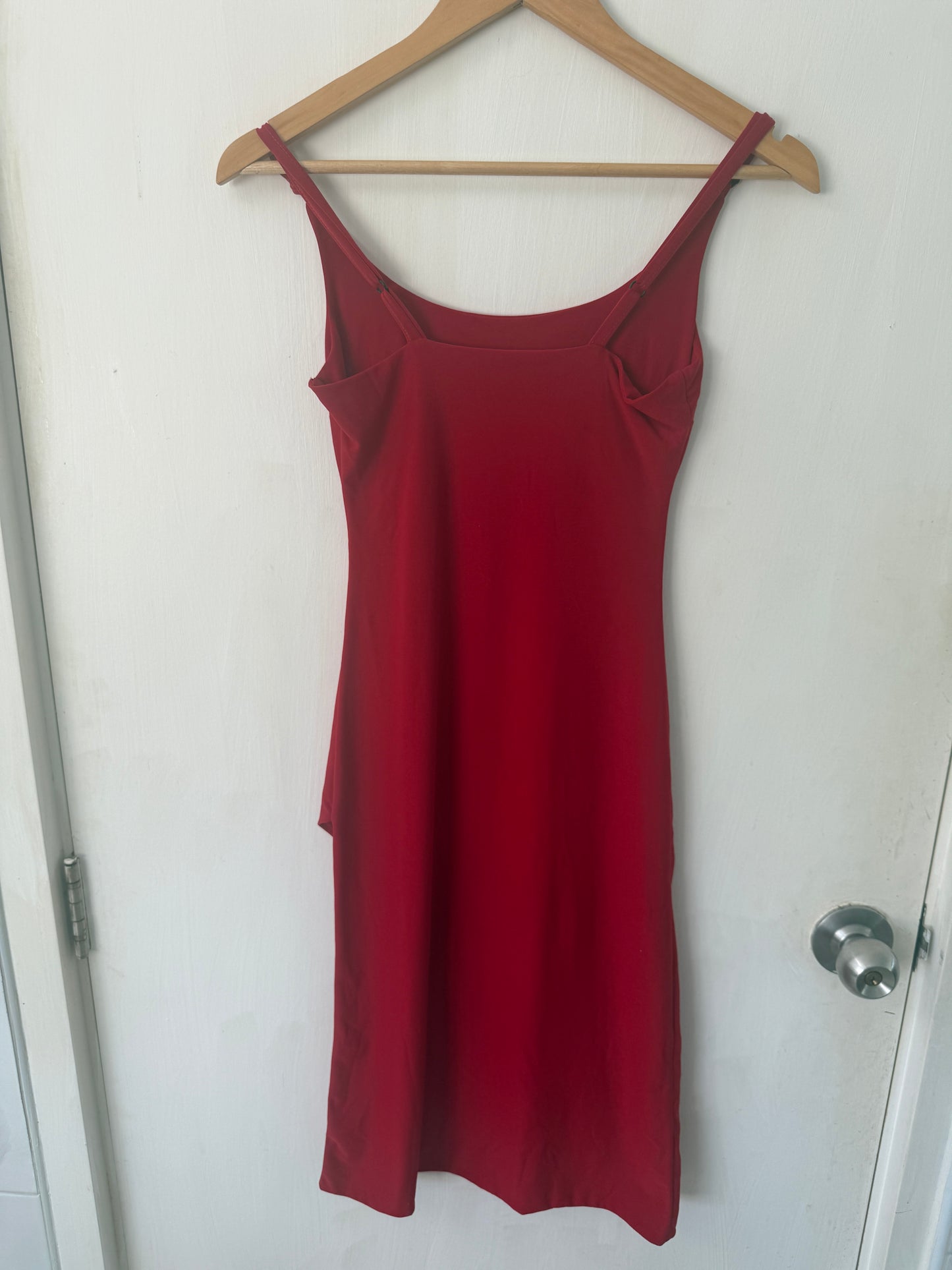 Red Asymmetric Wrap-Hem Cocktail Mini Dress — Bodycon Scoop Neck — No Label