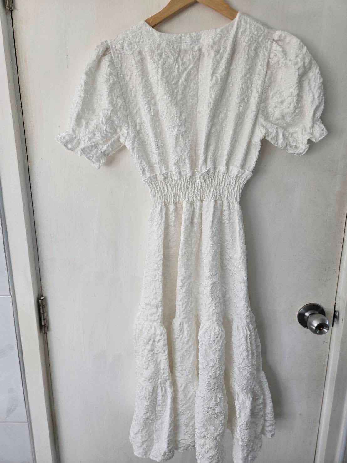White Textured Midi Dress — V-Neck Puff Sleeves — JU JU