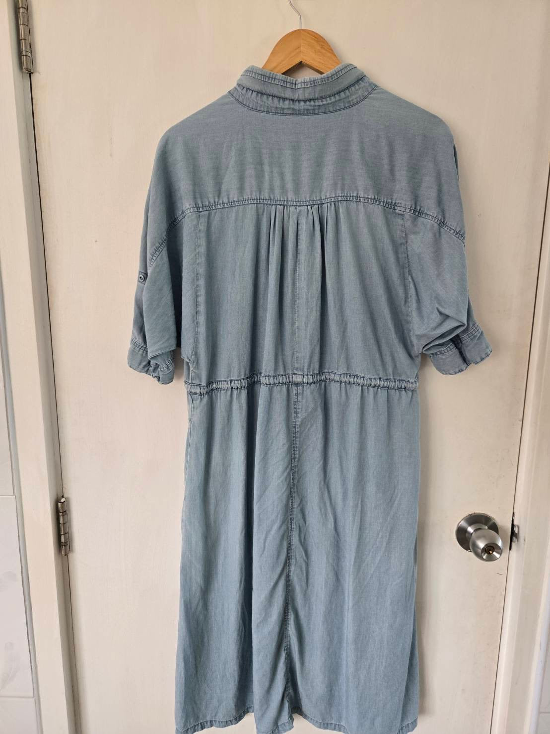 Light Wash Denim Shirt Dress — Drawstring Waist — Nano Universe