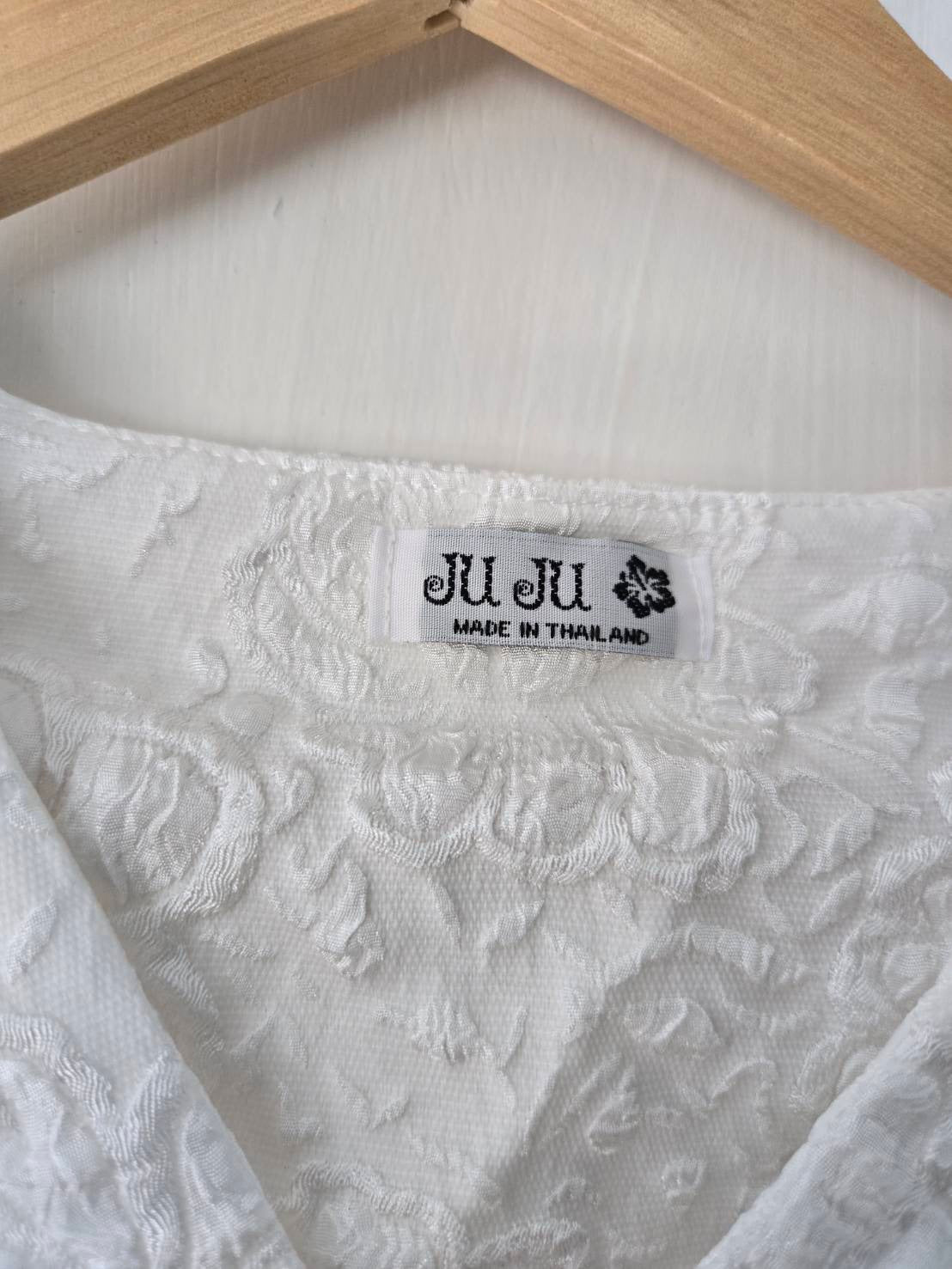 White Textured Midi Dress — V-Neck Puff Sleeves — JU JU