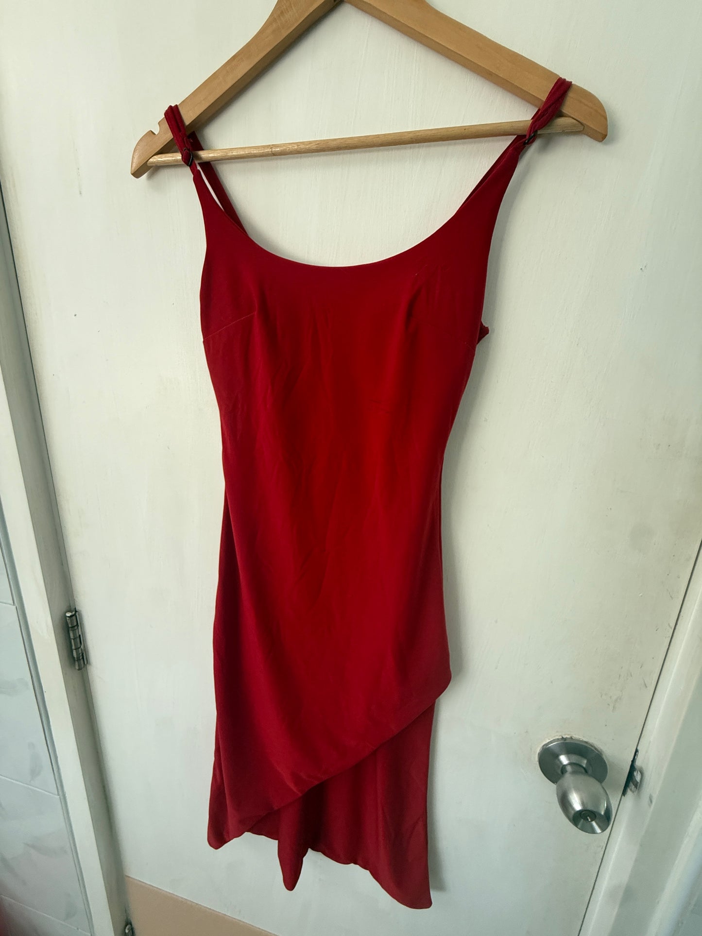 Red Asymmetric Wrap-Hem Cocktail Mini Dress — Bodycon Scoop Neck — No Label