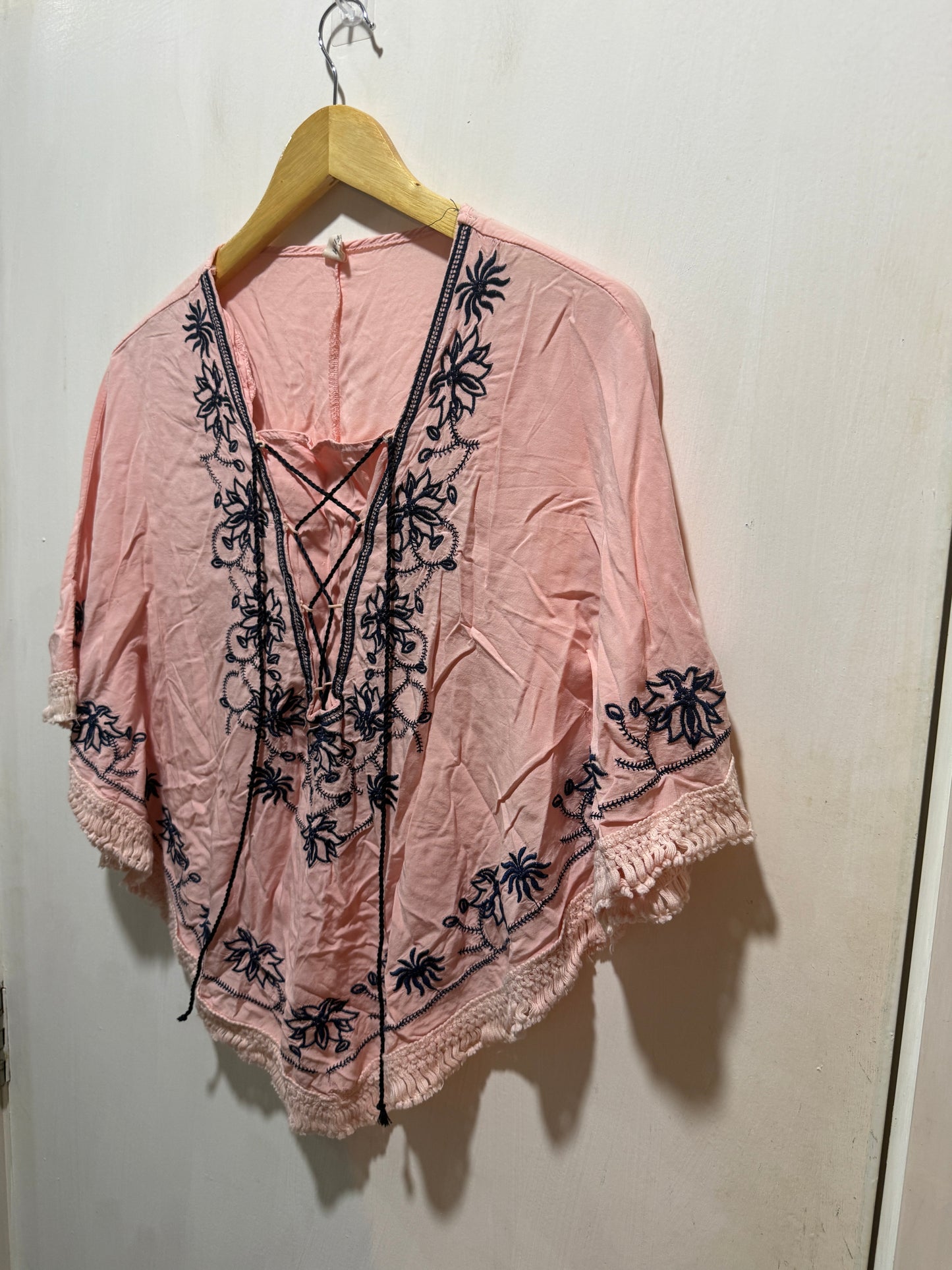 Fish Pink Embroidered Lace-Up Poncho Top Free Size