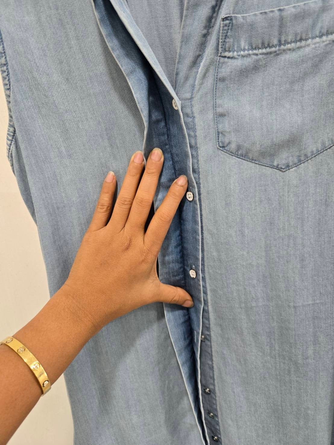 Light Blue Sleeveless Denim Shirt Dress — Button-Down Relaxed — Crosby & Broome