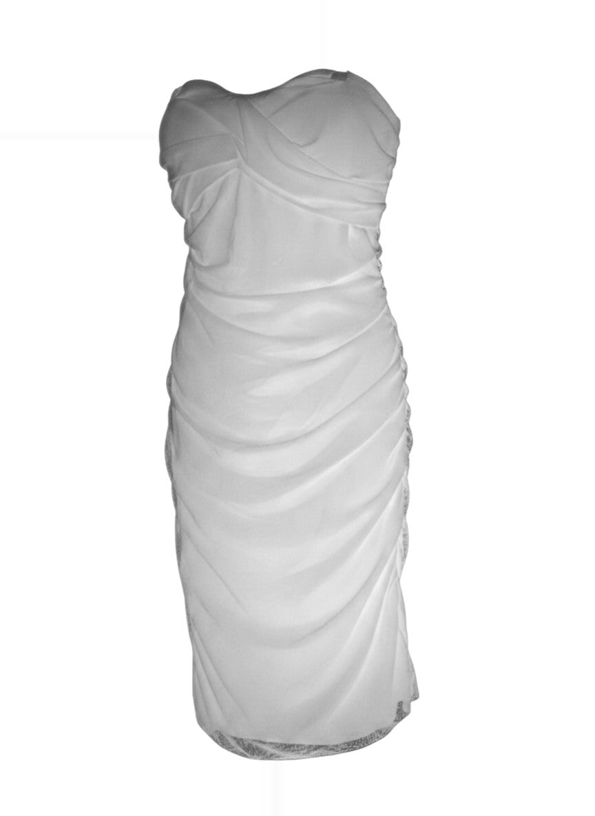 Black Draped Corset-Bodice Strapless Midi Dress — Sculptural Statement Silhouette — No Label