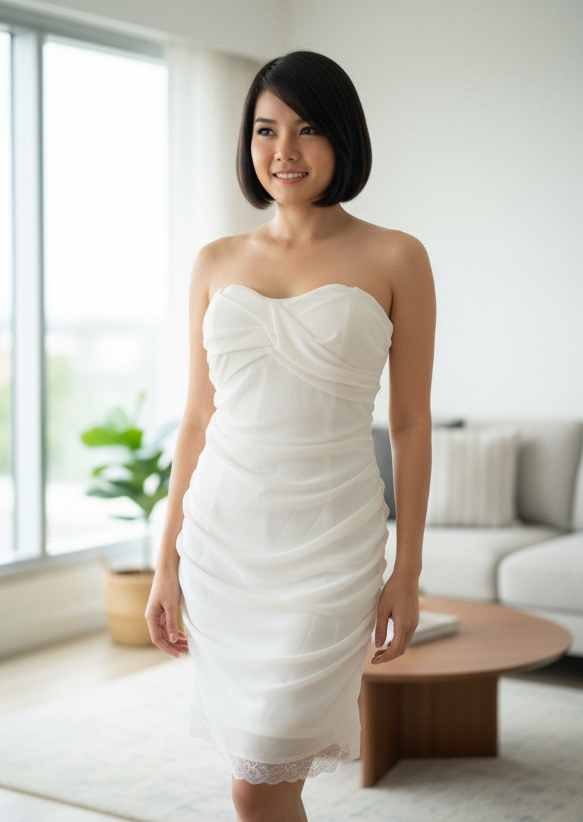 Black Draped Corset-Bodice Strapless Midi Dress — Sculptural Statement Silhouette — No Label