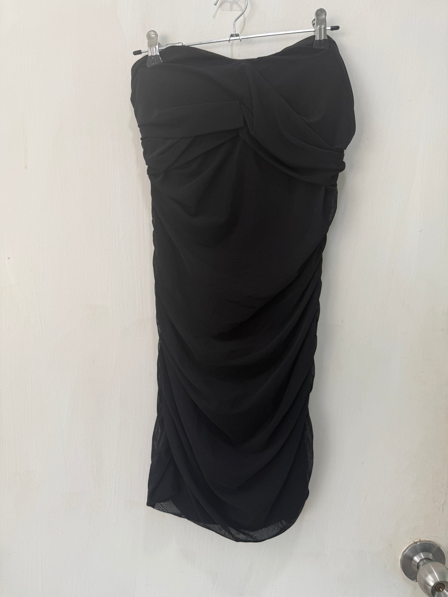 Black Draped Corset-Bodice Strapless Midi Dress — Sculptural Statement Silhouette — No Label