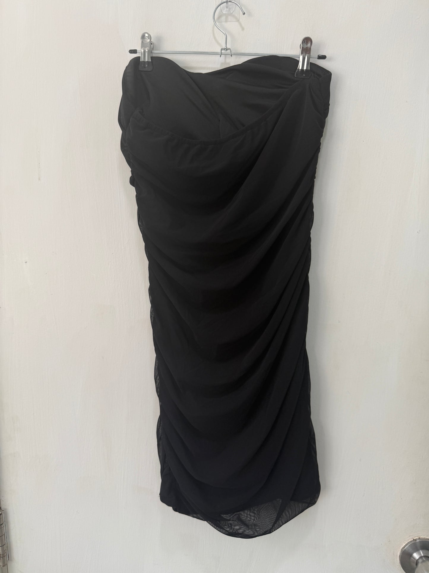 Black Draped Corset-Bodice Strapless Midi Dress — Sculptural Statement Silhouette — No Label