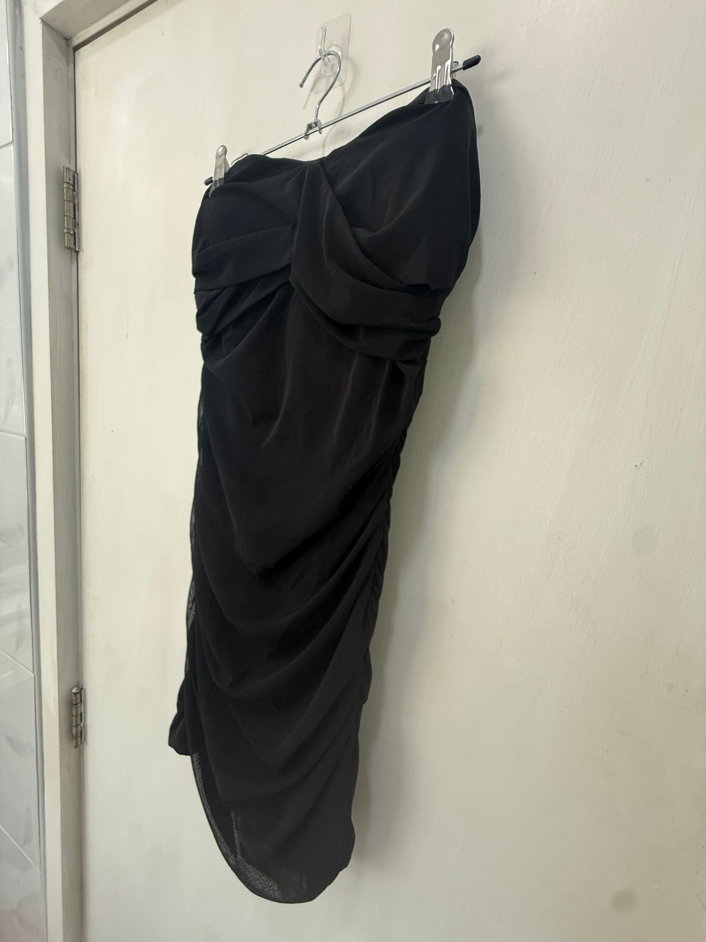 Black Draped Corset-Bodice Strapless Midi Dress — Sculptural Statement Silhouette — No Label
