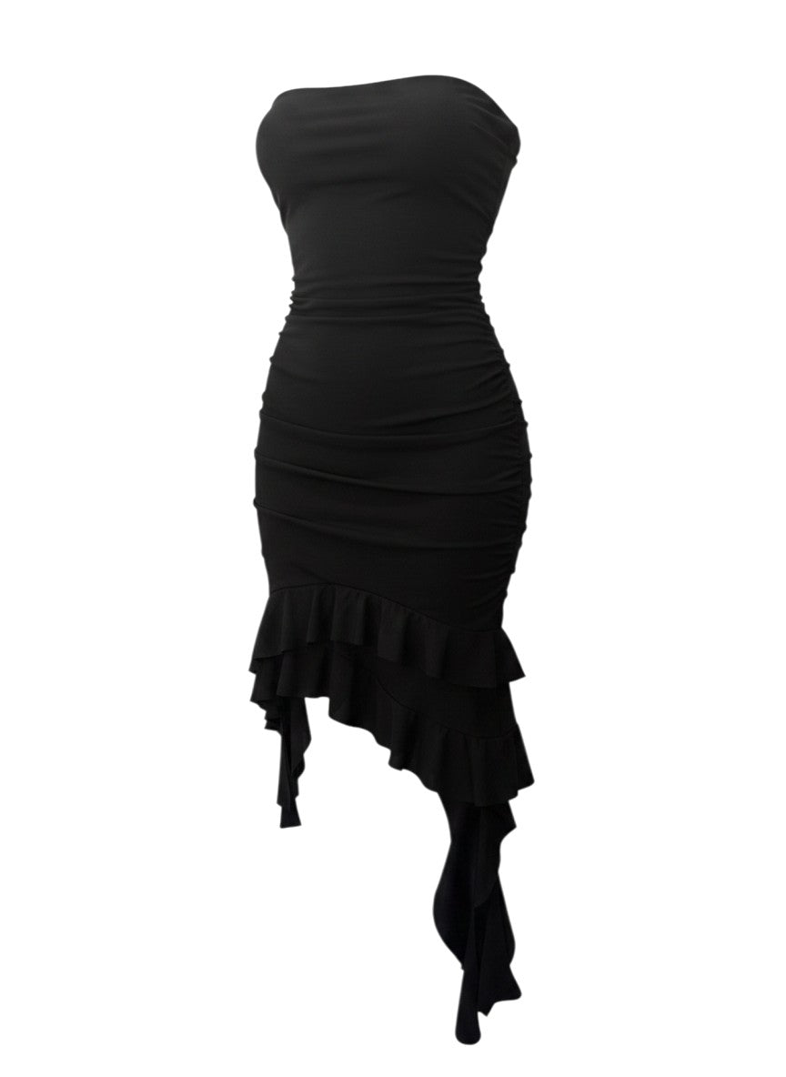 Black Ruffled Asymmetric Hem Ruched Strapless Maxi Dress — Drama in Every Detail — No Label