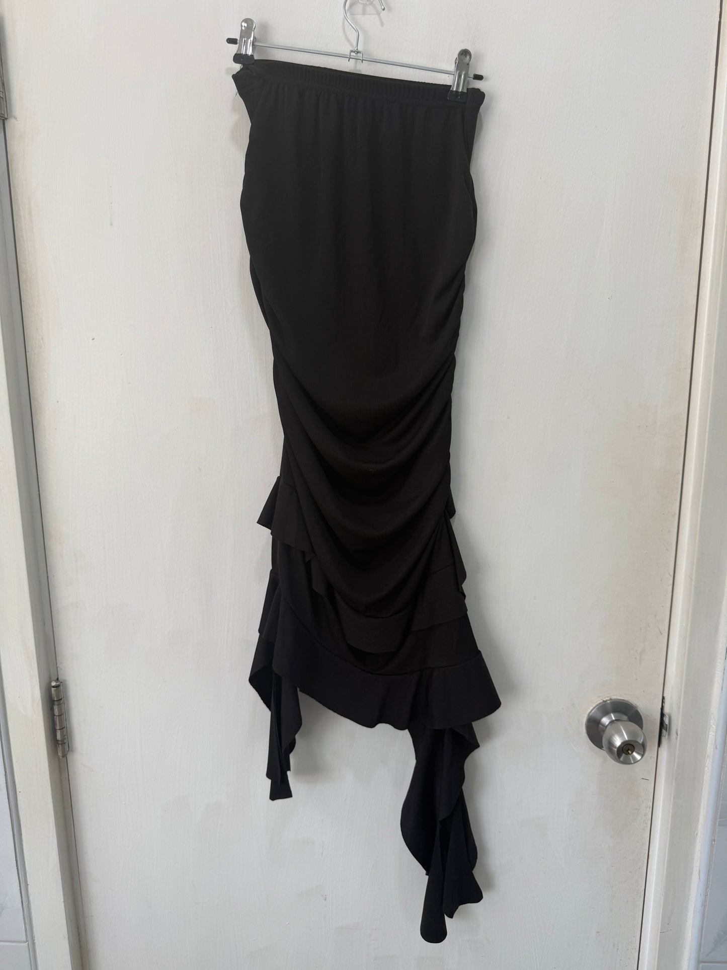 Black Ruffled Asymmetric Hem Ruched Strapless Maxi Dress — Drama in Every Detail — No Label