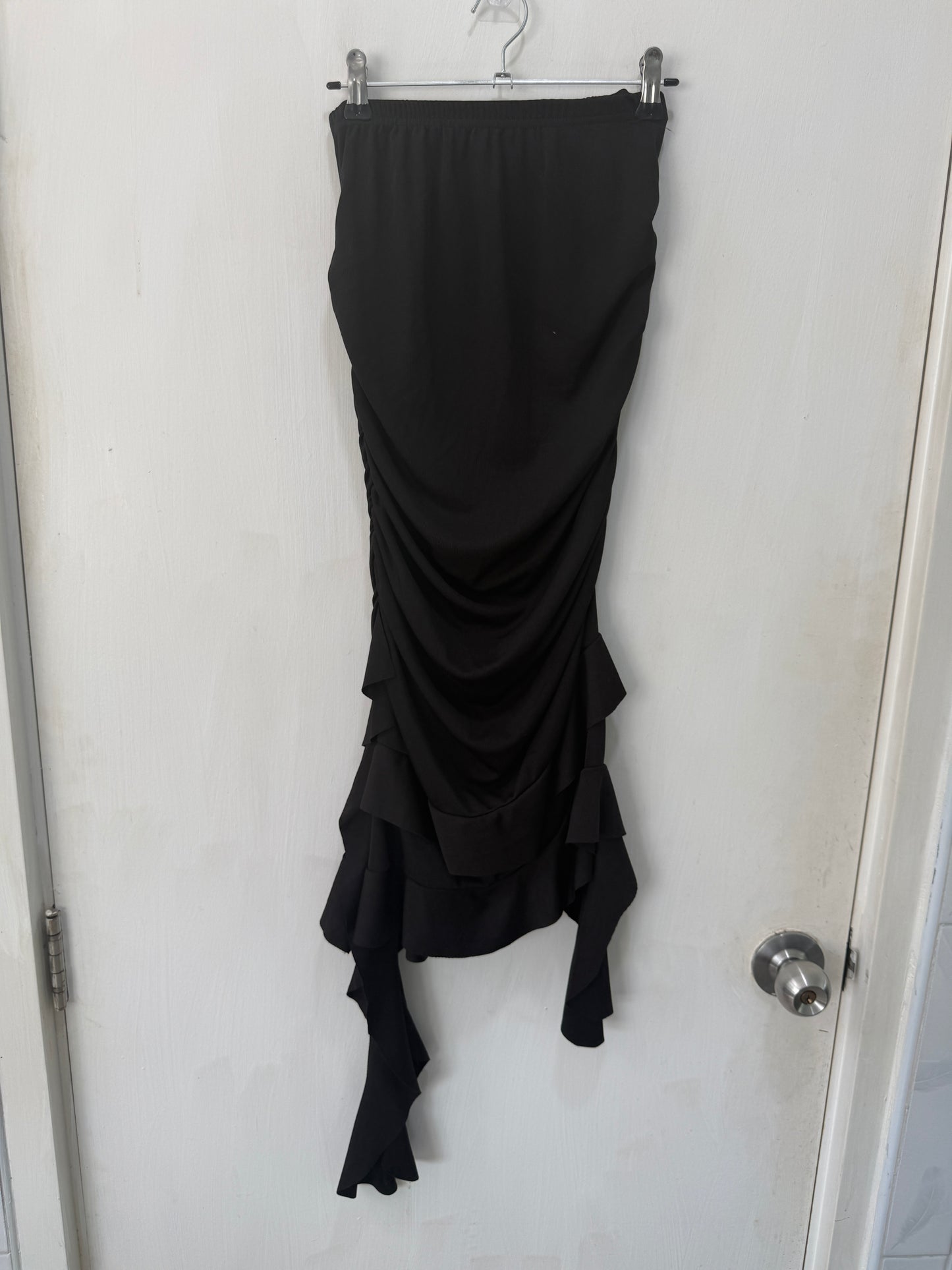 Black Ruffled Asymmetric Hem Ruched Strapless Maxi Dress — Drama in Every Detail — No Label