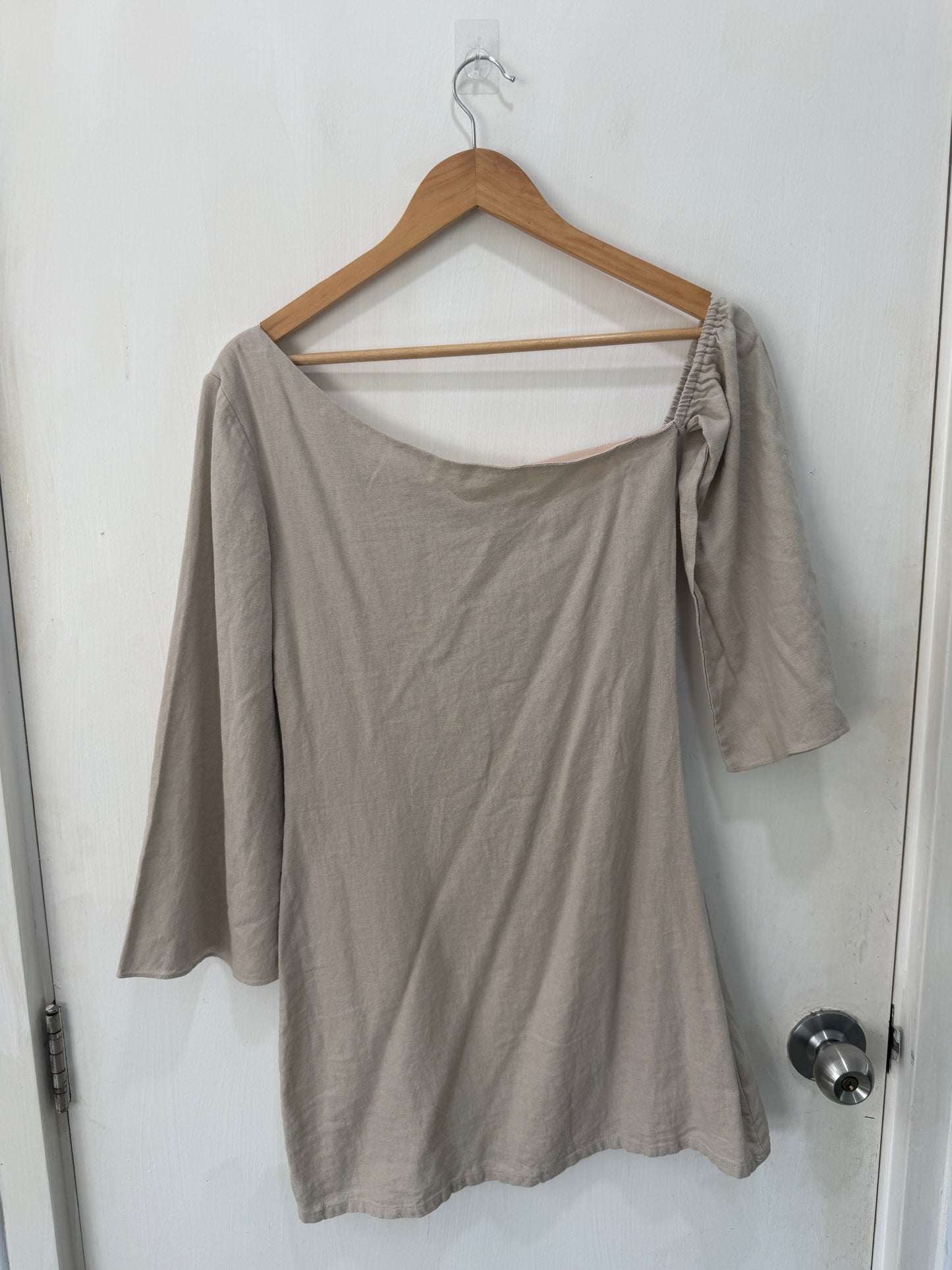 Beige Asymmetric Off-the-Shoulder Mini Dress — Effortless Summer Chic — No Label