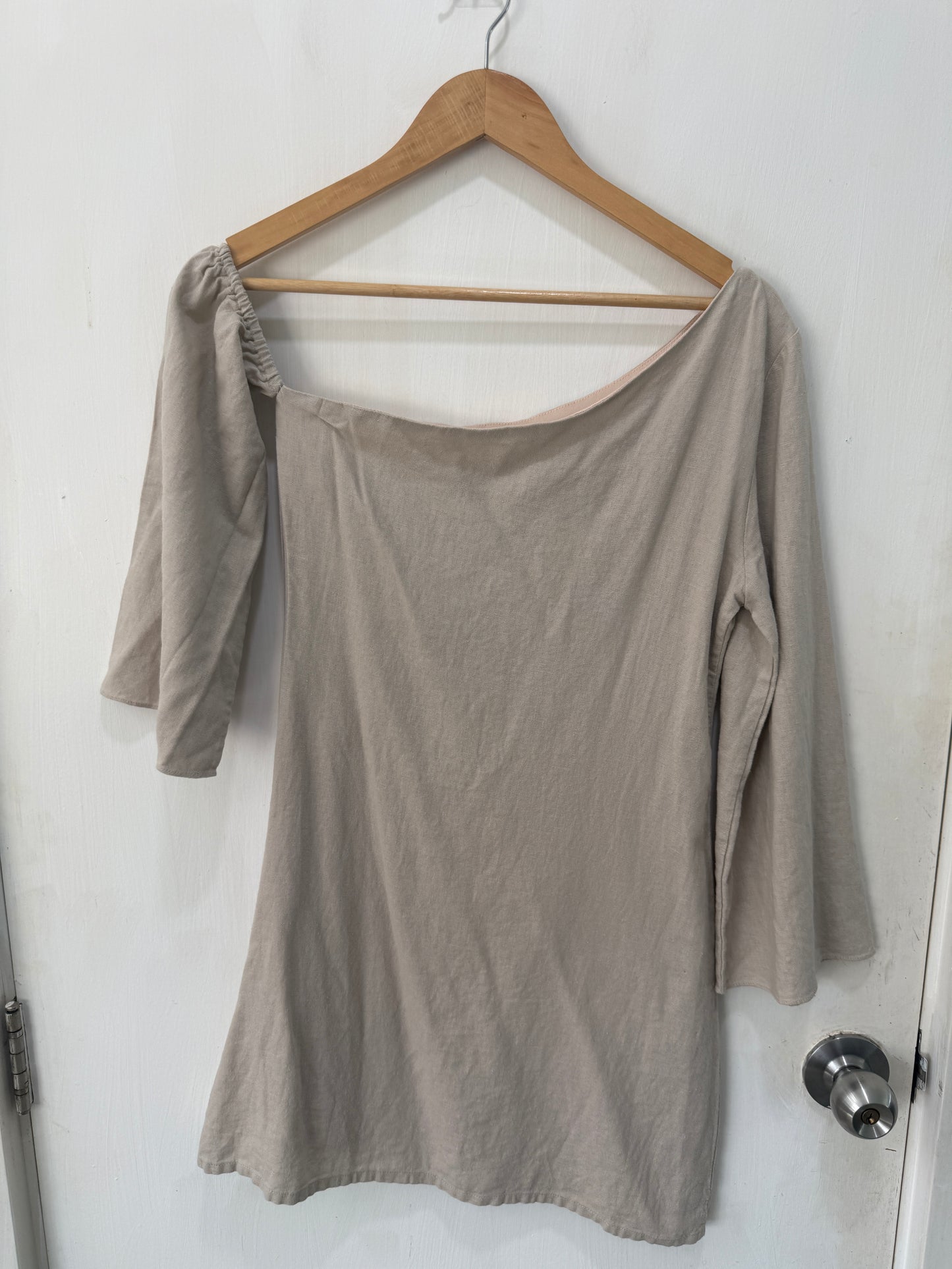 Beige Asymmetric Off-the-Shoulder Mini Dress — Effortless Summer Chic — No Label